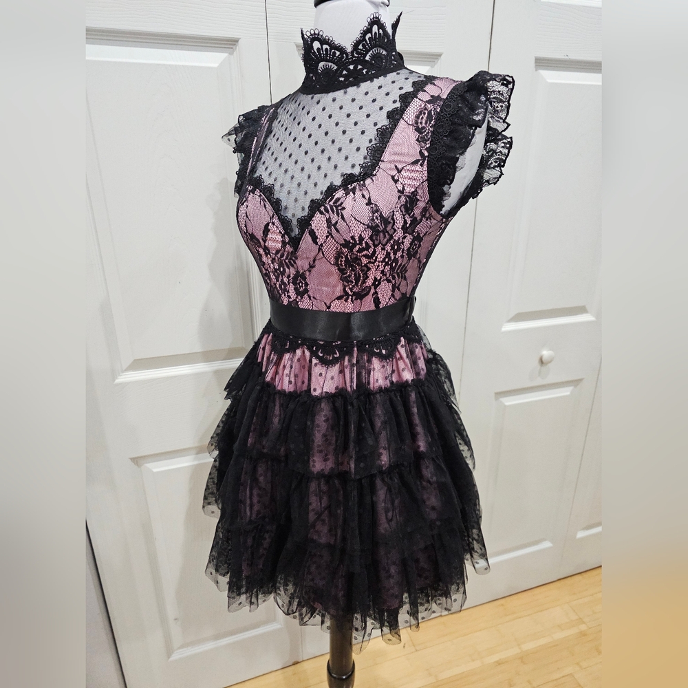 Dolls Kill Unholy Goth Rehearsal Party Pink Black Tiered Lace Mini Dress XS - Picture 3 of 9